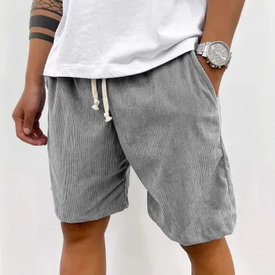 Men Fashion Casual Retro Solid Color Corduroy Drawstring Shorts