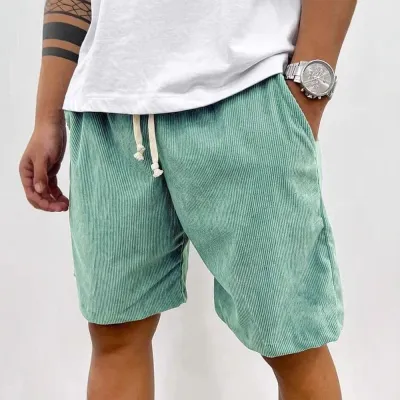 Men Fashion Casual Retro Solid Color Corduroy Drawstring Shorts