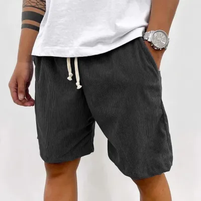 Men Fashion Casual Retro Solid Color Corduroy Drawstring Shorts