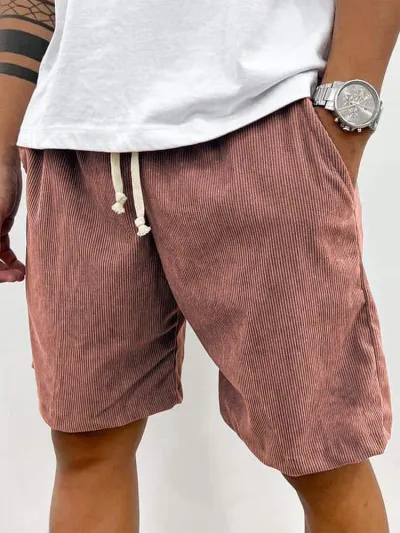 Men Fashion Casual Retro Solid Color Corduroy Drawstring Shorts