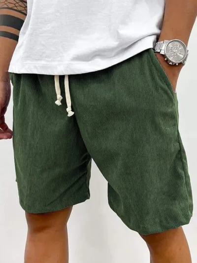 Men Fashion Casual Retro Solid Color Corduroy Drawstring Shorts