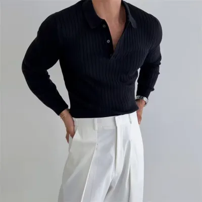 Men Fashion Casual Autumn Solid Color Knitted Long-Sleeve Polo Shirt