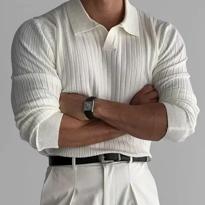 Men Fashion Casual Autumn Solid Color Knitted Long-Sleeve Polo Shirt