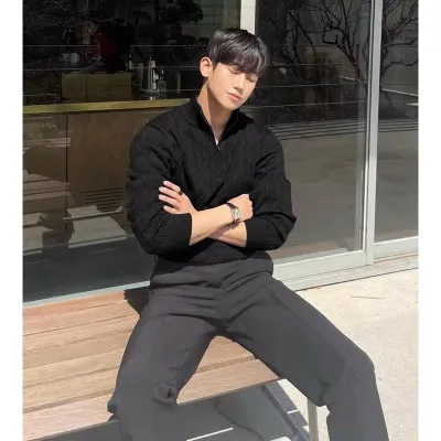Men Fashion Casual Autumn Solid Color Knitted Long-Sleeve Polo Shirt