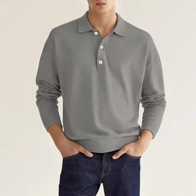 Men Fashion Casual Spring Autumn Solid Color Long Sleeve Asymmetry Polo Shirt
