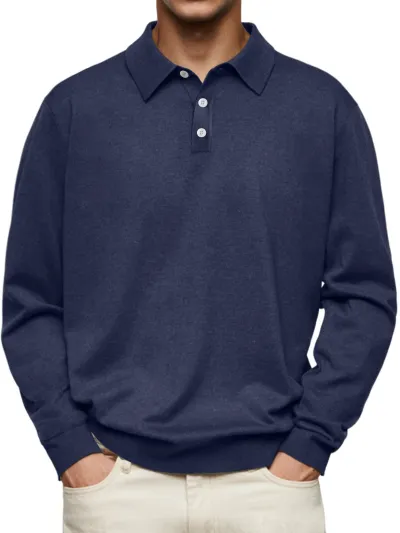Men Fashion Casual Winter Solid Color Velvet Long Sleeve Button Polo Shirt