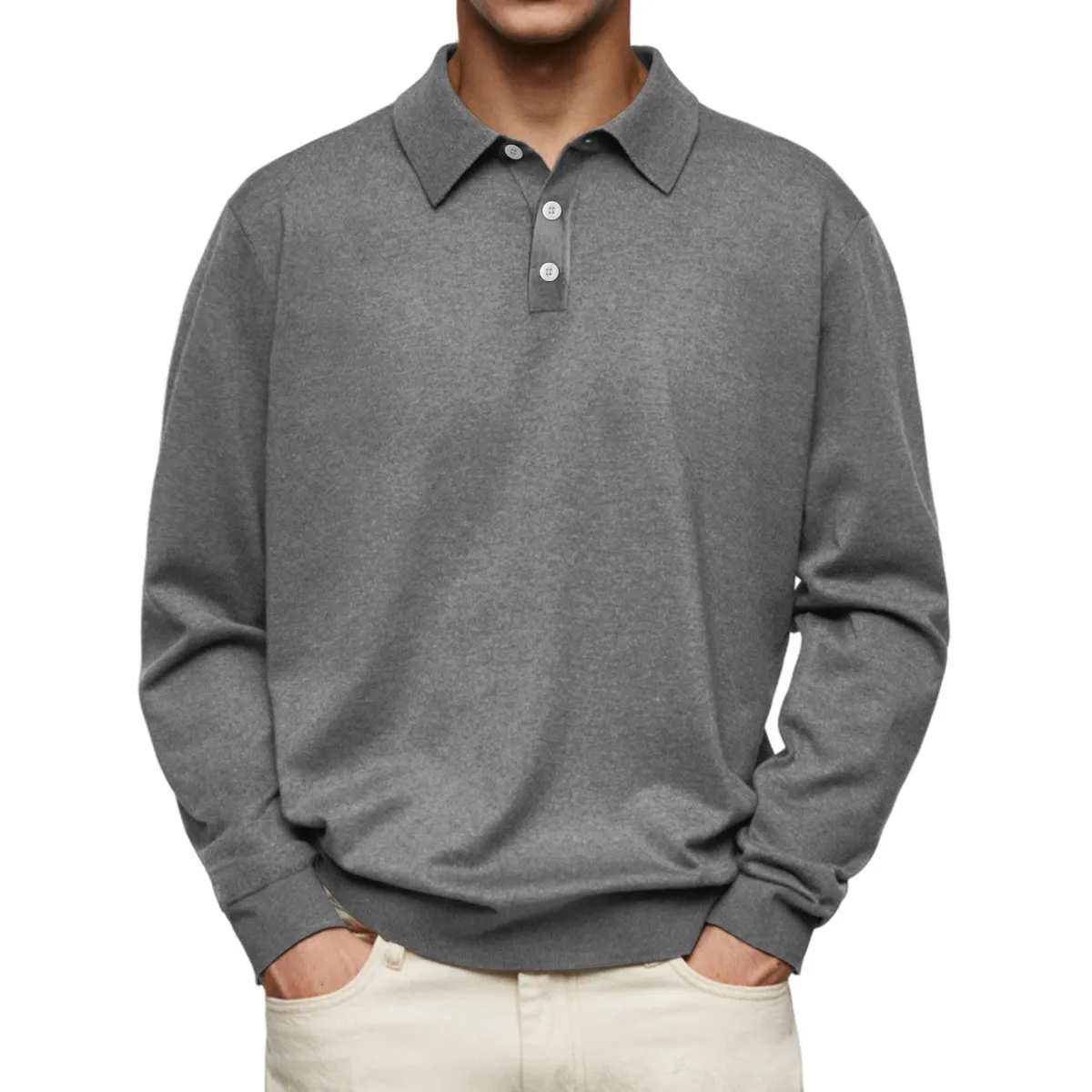 Men Fashion Casual Winter Solid Color Velvet Long Sleeve Button Polo Shirt