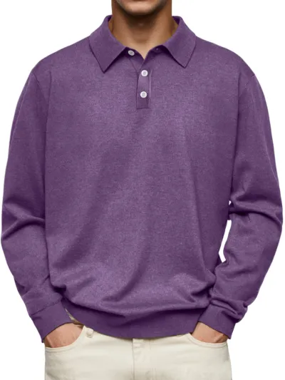 Men Fashion Casual Winter Solid Color Velvet Long Sleeve Button Polo Shirt