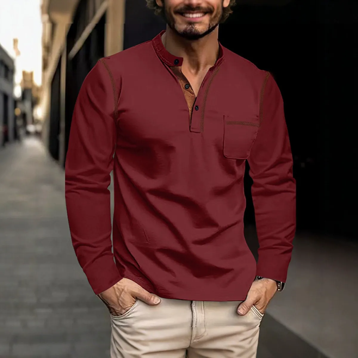 Men Fashion Slim Fit Casual Long Sleeve Polo Shirt