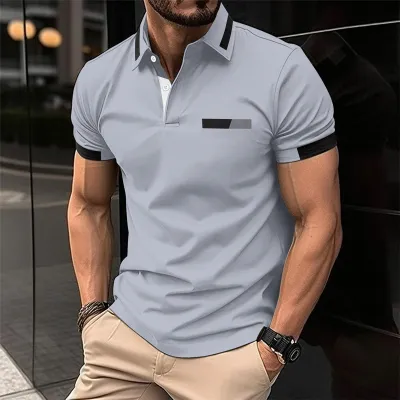 Men's Fashion Solid Color Slim Fit Polo Shirt with Fake Pocket