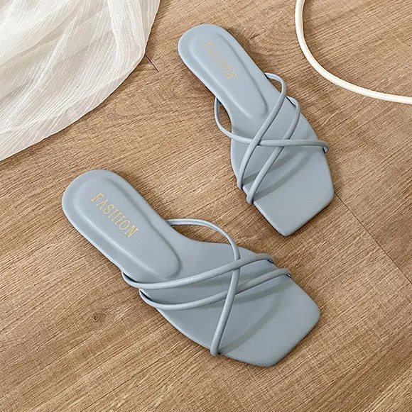 Women Fashion Simple Solid Color Square-Toe Flat Slippers Plus Size