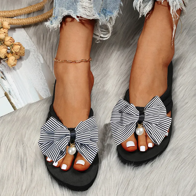 Women's Fashion Casual Bowknot Decorated Flip-Flops Thick Wedge Sole Slippers
