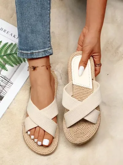 Women Fashion Solid Color Cross Straps Flat Non-Slip EVA Slippers Plus Size