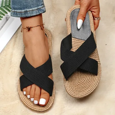 Women Fashion Solid Color Cross Straps Flat Non-Slip EVA Slippers Plus Size