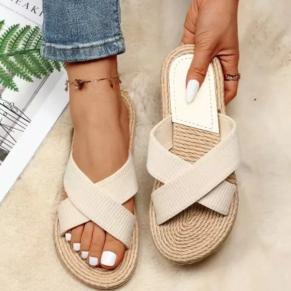 Women Fashion Solid Color Cross Straps Flat Non-Slip EVA Slippers Plus Size