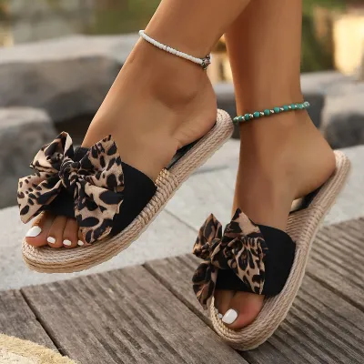 Women Fashion Leopard Bowknot Hemp Rope Straw Flat Slippers Plus Size