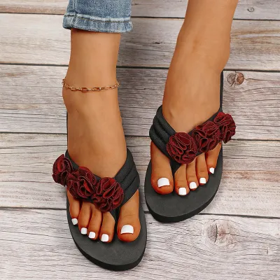 Women Fashion Casual Flower Decorated Round-Toe Flat Slippers