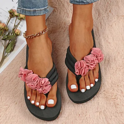 Women Fashion Casual Flower Decorated Round-Toe Flat Slippers