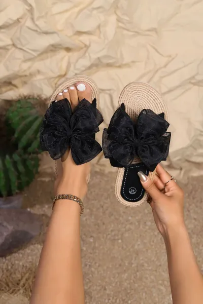 Women Fashion Casual Hemp Rope Straw Bowknot Decoration Flat Slippers Plus Size