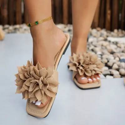 Women Fashion Casual Solid Color Floral Decoration Square Toe Flat Slip-On Slippers