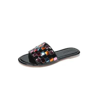 Women Fashion Casual Color Matching Square Grid Round Toe Flat Slippers Plus Size