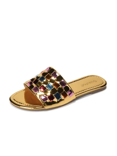 Women Fashion Casual Color Matching Square Grid Round Toe Flat Slippers Plus Size