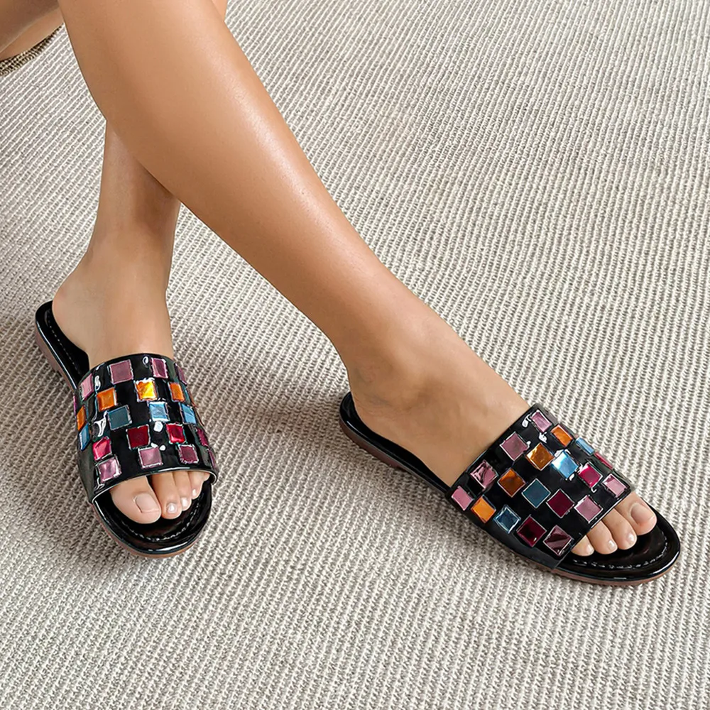 Women Fashion Casual Color Matching Square Grid Round Toe Flat Slippers Plus Size