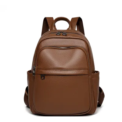Women Fashion Soft Pu Leather Backpack Solid Color Simple Casual Zipper Backpack