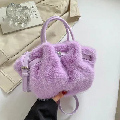 Women Fashion Solid Color Imitation Rabbit Fur Basket Handbag with Magnetic Buckle