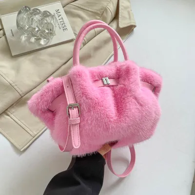 Women Fashion Solid Color Imitation Rabbit Fur Basket Handbag with Magnetic Buckle
