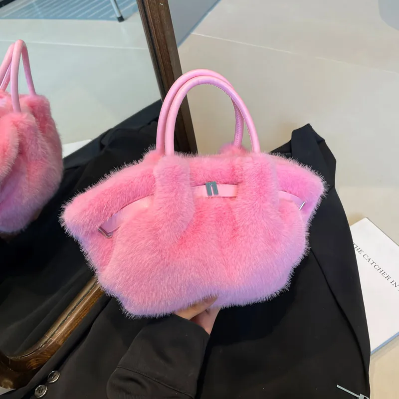 Women Fashion Solid Color Imitation Rabbit Fur Basket Handbag with Magnetic Buckle