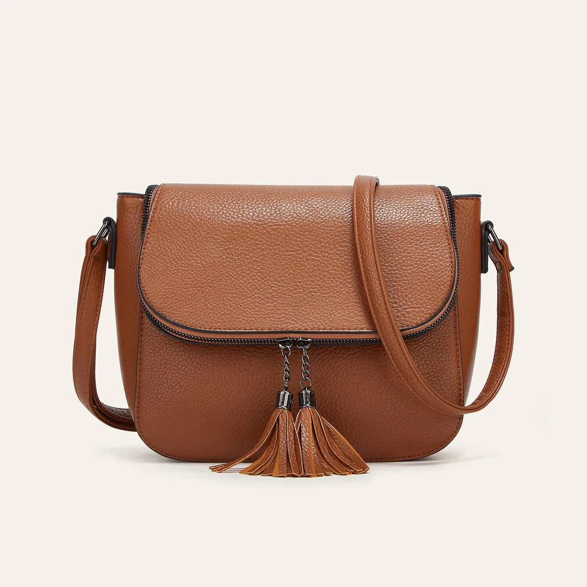 Women Casual Solid Color PU Saddle Tassel Shoulder Bag Cover Closure Medium