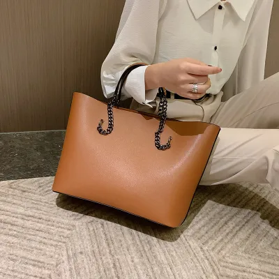 Women Fashion Casual Solid Color Soft Leather Large Capacity Zipper Chain Shoulder Bag