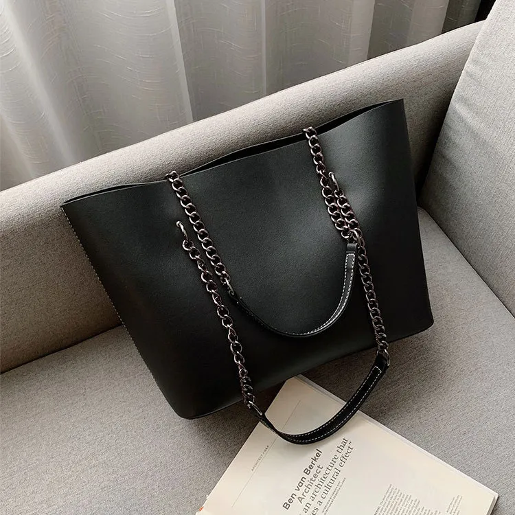 Women Fashion Casual Solid Color Soft Leather Large Capacity Zipper Chain Shoulder Bag