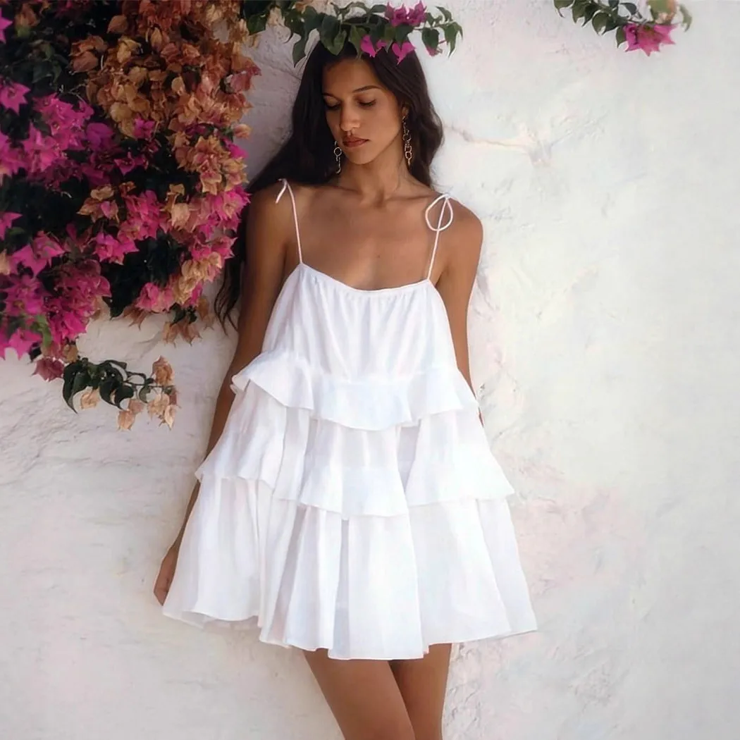Women Sexy Solid Color Spaghetti Strap Multi-Layer Ruffle Backless Dress