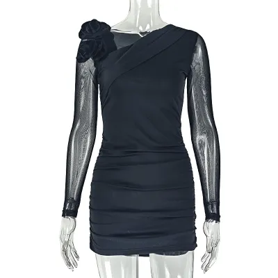 Women Fashion Sexy Solid Color Floral Design Long Sleeve Slim Fit Asymmetrical Dress
