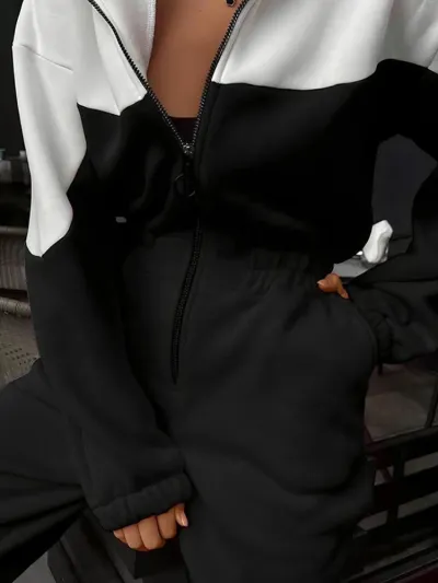 Women Fashion Casual Color-Blocking Long-Sleeve Zipper With Hat Loose Jumpsuits
