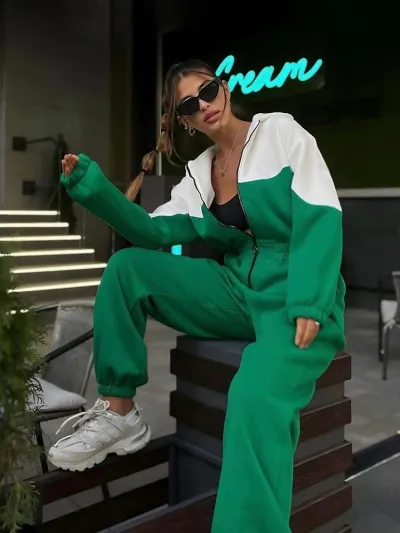 Women Fashion Casual Color-Blocking Long-Sleeve Zipper With Hat Loose Jumpsuits