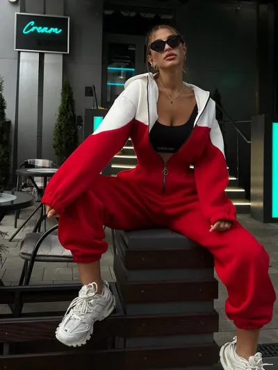 Women Fashion Casual Color-Blocking Long-Sleeve Zipper With Hat Loose Jumpsuits