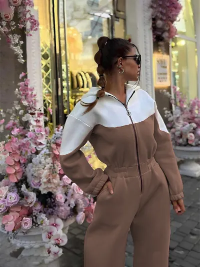 Women Fashion Casual Color-Blocking Long-Sleeve Zipper With Hat Loose Jumpsuits