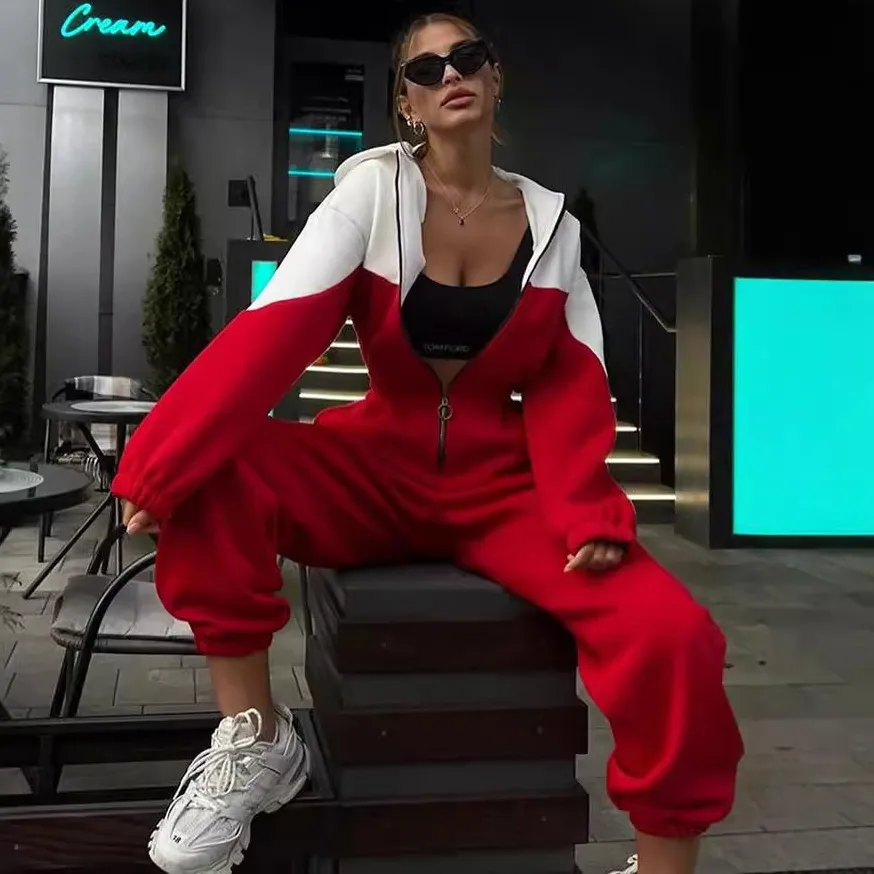 Women Fashion Casual Color-Blocking Long-Sleeve Zipper With Hat Loose Jumpsuits
