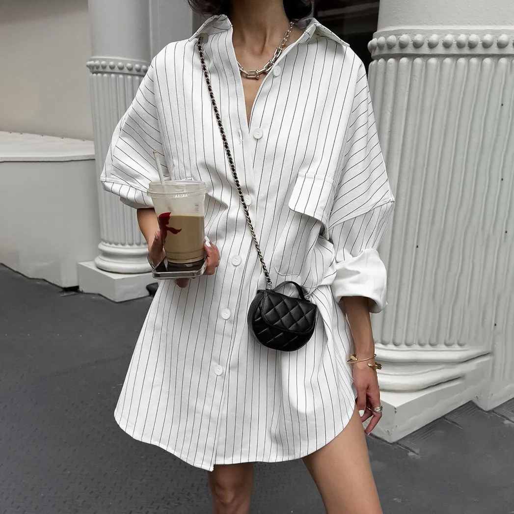 Women Fashion Casual Stripe Lapel Long Sleeve Loose Blouse