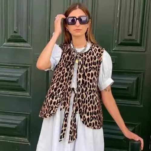 Women Fashion Casual Leopard Lace-Up Tank Top