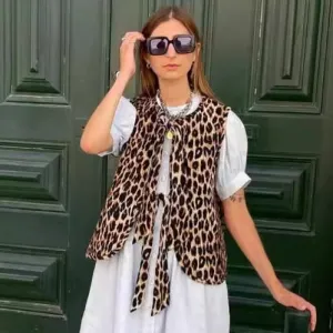 Women Fashion Casual Leopard Lace-Up Tank Top