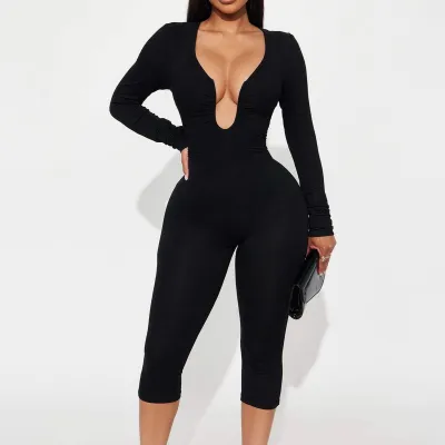 Women Fashion Sexy Solid Color Slim-Fit Long-Sleeve Zipper Jumpsuit