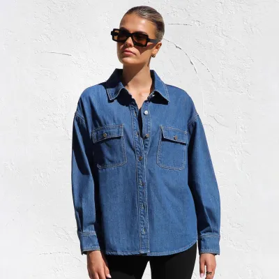Women Fashion Casual Double Pocket Lapel Long-Sleeve Loose Denim Coat