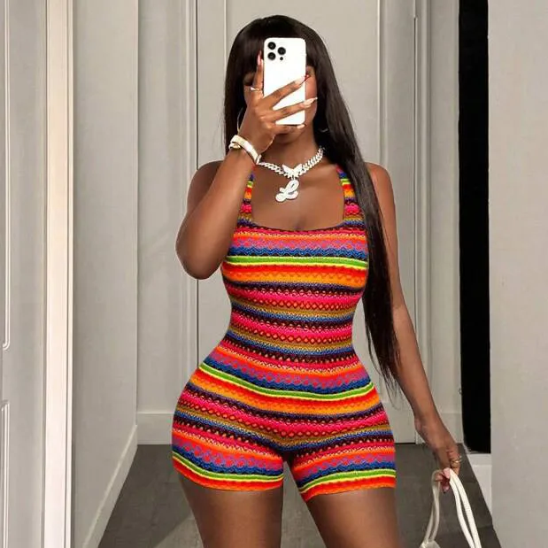 Women Fashion Sexy Printed U-Collar Sleeveless Slim-Fit Rompers