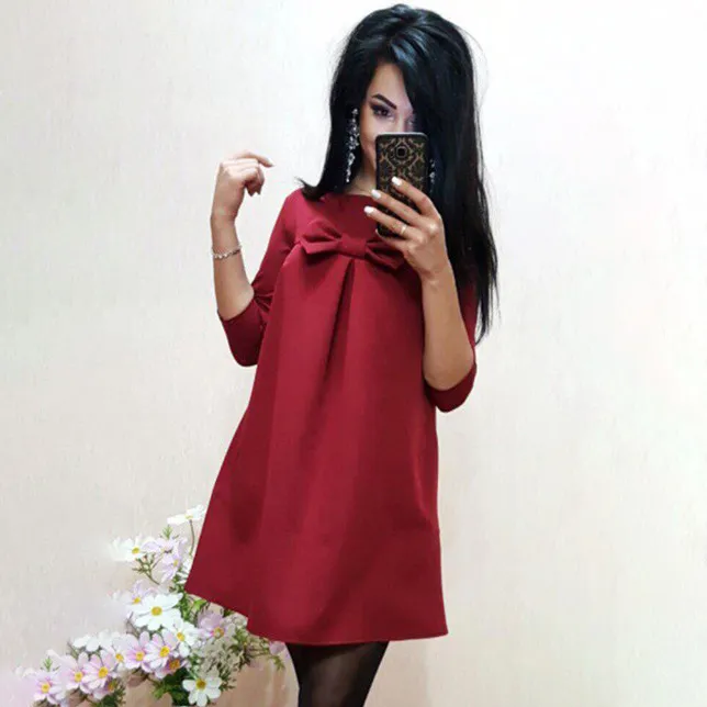 Women Fashion Elegant Solid Color Bowknot Long-Sleeve Loose Dress