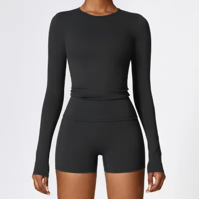 Women's Long-Sleeve Yoga T-Shirt - Polyamide Sanding Fabric, Solid Color, Tight Fit