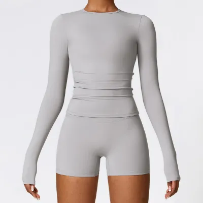 Women's Long-Sleeve Yoga T-Shirt - Polyamide Sanding Fabric, Solid Color, Tight Fit